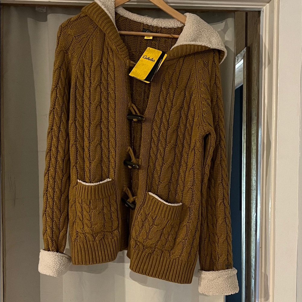 Cabela's Mustard Brown  Cable Knit Cardigan with Hood NEW
